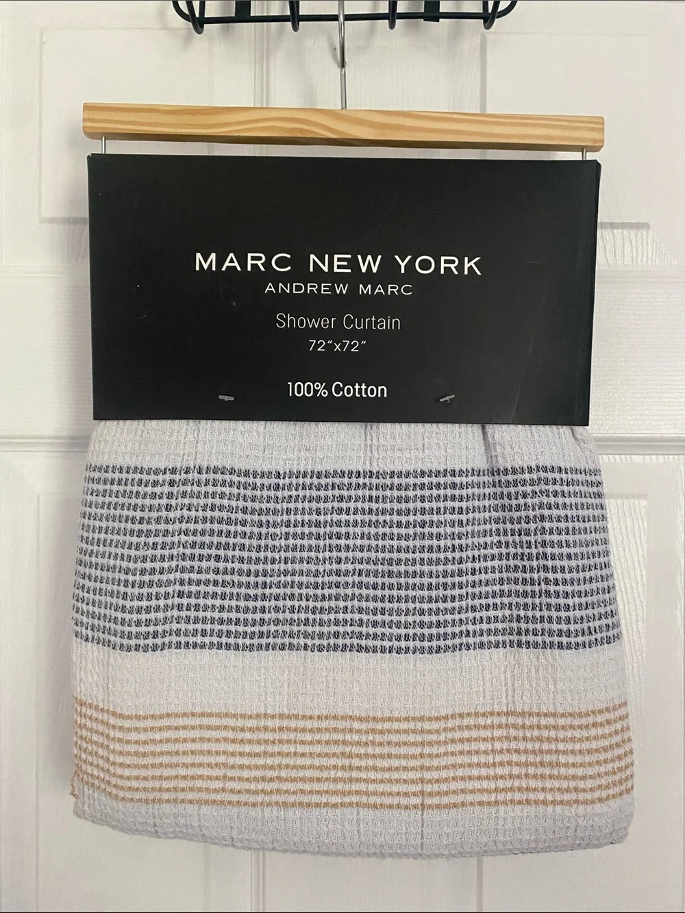 Marc New York Cotton Shower Curtain - White, Navy & Tan Stripes